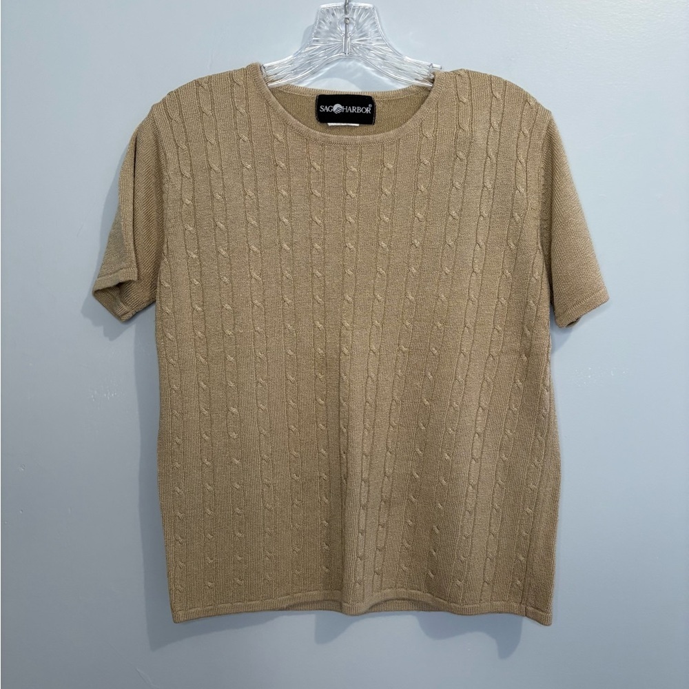 Sag Harbor Beige Cable Knit Short Sleeve Sweater Knitwear Cream Tan Crewneck